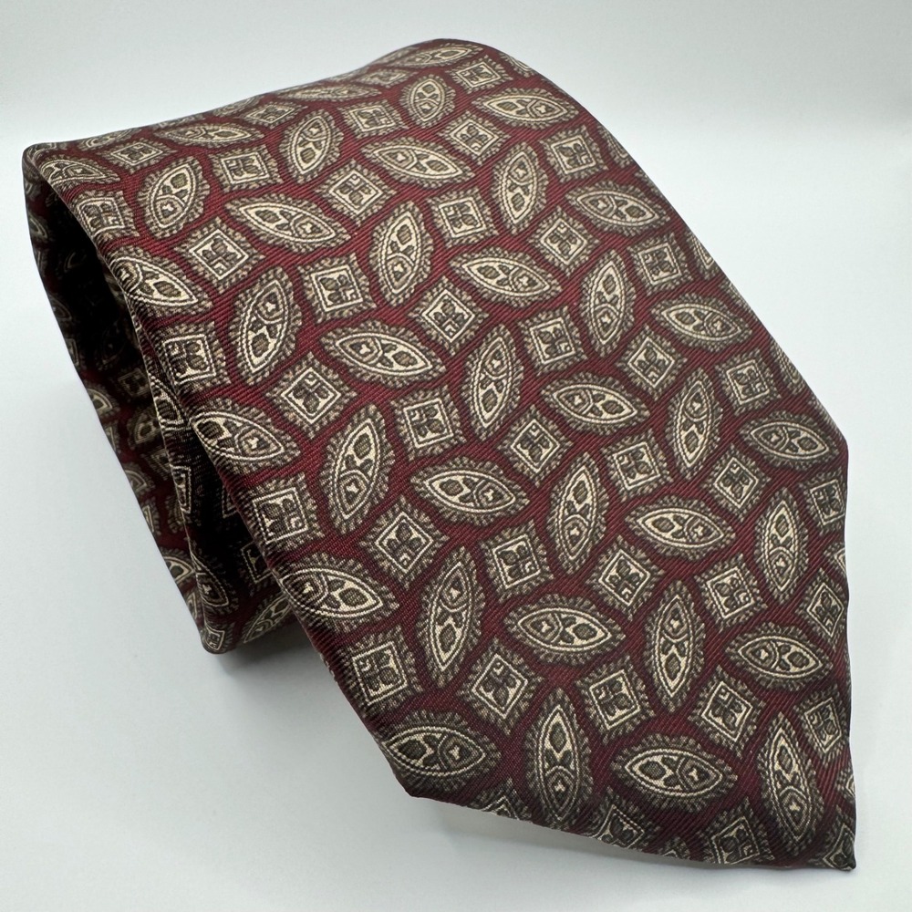 Oscar de la Renta Couture Mens Silk Tie Burgundy Geometric Medallion Luxury